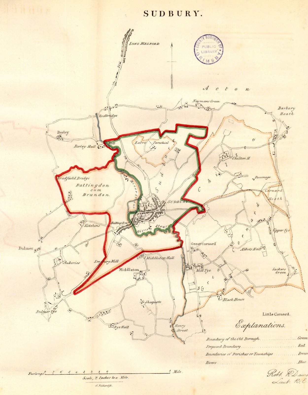 SUDBURY town/borough/constituency plan BOUNDARY REVIEW. Suffolk. DAWSON 1832 map
